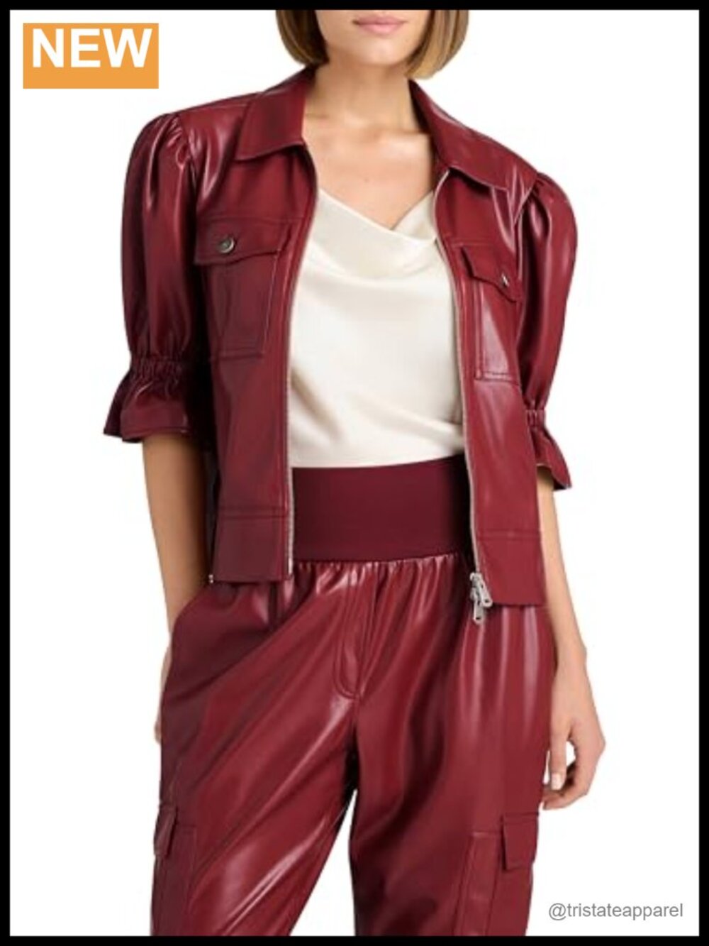 Womens Faux Leather Aviator Jacket Short Sleeve Ruched Detail